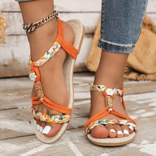 Momolaa Size 5.5 Womens Flat Sandals Wide Width Boho Bohemian Braided Flat Sandals Comfort Walking Beach Ankle Elastic Summer Shoes for Vacation Beach Travel Casual Dressy Orange Sandles — view 2