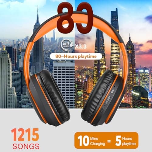 WorWoder Wireless Headphones Over Ear, 80 Hours Playtime Bluetooth Headphones, Hi-Fi Stereo Sound with Microphone, Lightweight Headset with Deep Bass for Travel Work PC Cellphone（Black-Orange） — view 2