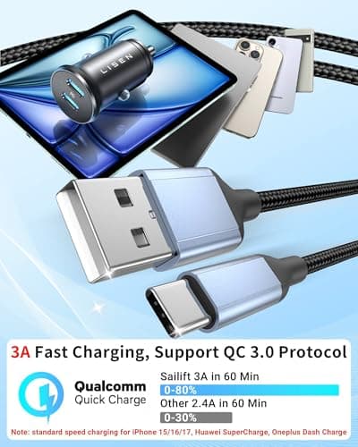 Short USB A to USB C Charger Cable for Car, 5-Pack 1 ft (0.3m) Small USBA to USBC Fast Charging Cable Short, Durable Nylon 30CM USBC Cord, Lead Multi Pack for iPhone 17 16 15 Samsung, Huawei, Pixel — view 2