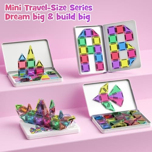 40PCS Mini Magnetic Tiles Travel Set with Metal Tin - Building Base & Storage, Portable Travel Toys for Kids Road Trip Aeroplane, STEM Educational Magnet Tiles for 3+ Boys Girls Toddlers — view 6