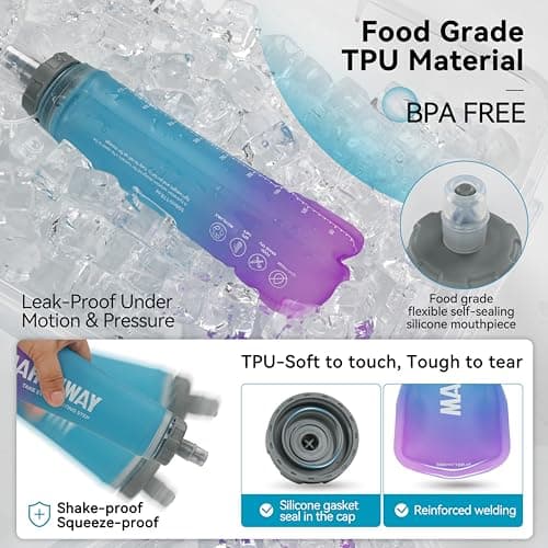 MARCHWAY Soft Hydration Flask with Wide Mouth, 300ml/500ml Collapsible TPU Water Bottle, Leakproof Portable Flexible for Running, Hiking, Cycling, Climbing, Gym, Travel (2pcs Blue-Purple 300ml) — view 3