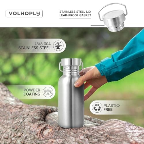 Volhoply 500ml Uninsulated Single Walled Water Bottles 2 Pack, Stainless Steel Sports Water Bottle with Handle & Carabiner, BPA Free Reusable Water Flask for Camping Hiking Biking (Silver,2) — view 3
