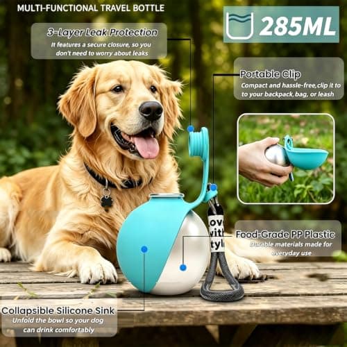 2 in 1 Portable Dog Water Bottle, Dog Water Bottles for Walking, 285ML Dog Drinking Bottle & Silicone Bowl, Dog Travel Water Bottle for Walks, Hikes, Road Trips, Camping, Travel (blue) — view 4