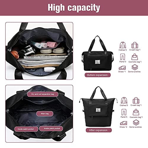 Large Capacity Folding Travel Bag, Travel Lightweight Waterproof Carry on Luggage Bags with Fixed Strap, Dry and Wet Separation Foldable Travel Duffel Bag for Weekender Overnight Sports Gym (Black) — view 3