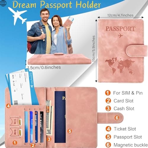 Passport Holder Cover Wallet Case, 2 Pcs PU Leather Travel Wallet with RFID Blocking Passport Book Holders Organiser Travel Must Haves Credit Cards Boarding Passes Covers for Men Women (Pink & Blue) — view 2