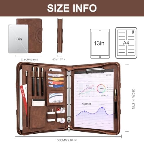 Leathario Portfolio Folder A4, Vegan Leather Conference Folder with Handle, 4-Ring Travel Document Holder with 5 5-Part File Dividers, Multi-Pocket Document Folder Organiser, Office Supplies — view 3