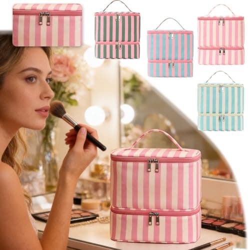 Nail Polish Organizer, Preppy Nail Organizers and Storage Holds 30 Bottles Nail Polish & Nail Lamp, 2 Layers Stripe Nail Supplies Kit Organizer, Nail Kit Bag for Nail Stuff & Manicure Tools (Style-A) — view 5