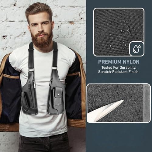 Anti-Theft Shoulder Holster Bag for Men, Double Shoulder Armpit Chest Bag, Premium Leather, Adjustable Straps, Phone Wallet Pocket - Travel, Outdoor, Unisex Underarm Pouch, Yellow, L, Anti-theft — view 3