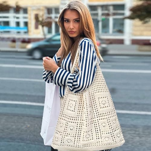 CHANXIUZAI Crochet Tote Bag, Mesh Beach Bag, Women's Knit Summer Hobo Bag, Vacation Boho Tote Bag, White (Purple) — view 2