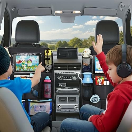 Plkjiu Waterproof Car Back Seat Organiser with Tablet Holder - 40x60cm Foldable Car Seat Protector for Kids Travel, Multi-Pocket Car Organiser Storage for SUV, Van & Sedan, Black — view 6