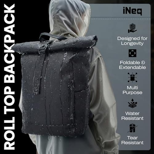 iNeq Roll Top Backpack Water Resistant Men and Women with Padded 15.6" Laptop & Tablet Compartments | Versatile Rolltop Rucksack | Expandable Travel Backpack for Work, School & Outdoors (Black) — view 2