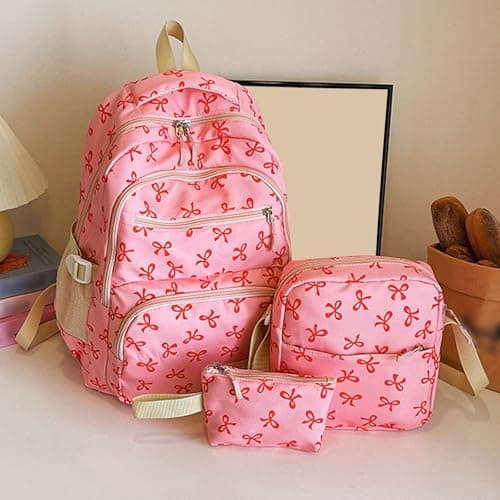 Pink Boys Girls School Bag 3Pcs Set Kids Backpack Cute Bow School Bags Large Capacity Schoolbag with Crossbody Bag Handbag Nylon Aesthetic Rucksacks for Teenagers College Primary Secondary Age 6-18 — view 2