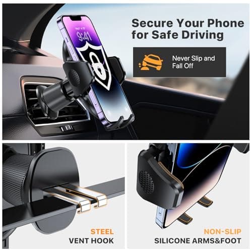 Miracase Car Phone Holder, Stable Double Steel-Hook Air Vent Car Phone Mount Cradle 360°Rotation, One Button Release Mobile Phone Holder for iPhone, Galaxy, All 4.0''-7'' Smartphones — view 3