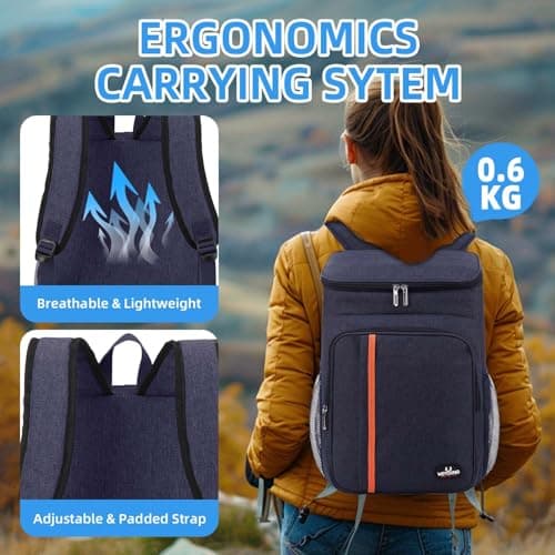 Bagtopia Camping Cooler Backpack 25 Cans, Leak Proof Soft Insulated Compartments Thermal Bag, Portable Lightweight Beach Travel Trip Picnic Lunch Backpack for Men and Women, Stripes-Navy Blue — view 4
