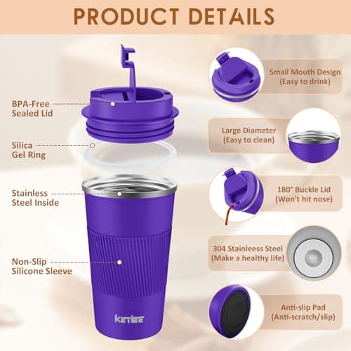 KETIEE Travel Mug with Leakproof Lid, Reusable Insulated Coffee Cup, Double Walled Stainless Steel for Hot & Cold Drinks, 510ml Deep Purple — view 2