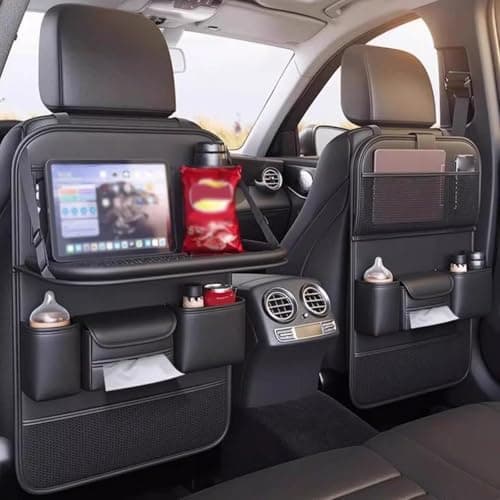 2 Pack Leather Car Backseat Organizer with Foldable Table Tray, Car Storage Organizer with Tablet Holder, Car Seat Back Protectors Kick Mats Travel Accessories, Universal Fit for Most Cars (Black) — view 6