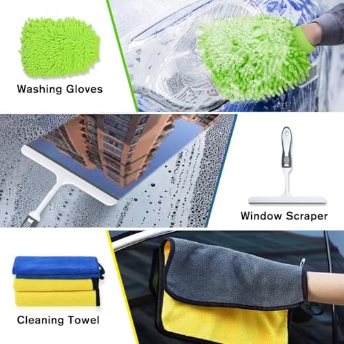 COVVY 14 Pcs Car Cleaning Kit,62 Inch Car Wash Mop Head with Long Handle,Wash Mop Mitt,Window Scraper,Soft Cleaning Cloth,Duster,Storage Bag,Car Wheel Brush,Detailing Brush Set for Cleaning Car,Wheels — view 4