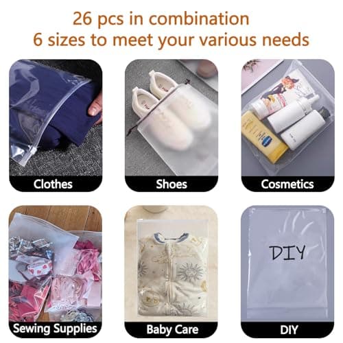 26 Pcs 6 Sizes Zip Lock Bags for Clothes,Maternity Hospital Bag Organiser Pouches,Clear Plastic Reusable Ziplock Bags for Clothes,Travel,Luggage,Shoes,Cosmetics,Frosted and Transparent,No Holes — view 4