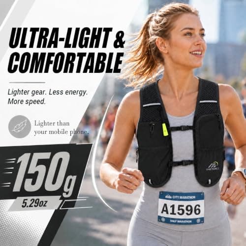 ONETOALL Running Vest Women with Water Bottle 500ml/Bladder 2L, 6L Reflective Hydration Backpack Mens, Lightweight 150g for Trailrunning Hiking Marathon (Black with Soft Flask) — view 2