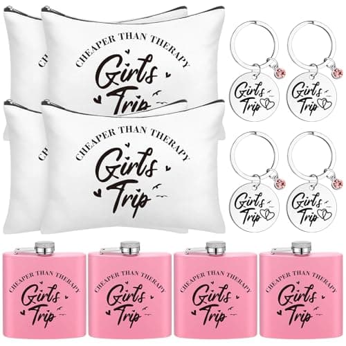 12 Pcs Girls Trip Travel Gifts for Women Hip Flasks Makeup Bags Keychains