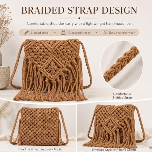 Fjquamitix Straw Cross Body Bag Women Boho Macrame Handmade Crochet Bag With Zipper Closure Fringe Shoulder Beach Purse Summer Handbags Travel Vacation Daily Use (Coffee) — view 4