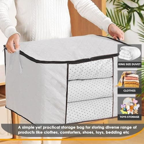 KURNI Storage Bags | Clothes Organizer Boxes, Foldable 6 Pack White, 90L Capacity, 3 Sided Zipper Moving Large Bag. Dust & Moisture Proof — view 4