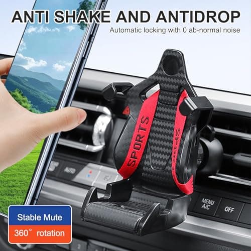 Racing Seat Phone Holder with Safety Belt, 360° Rotation & Auto-adjustable Design - ABS Air Vent Car Phone Mount for Most Phones (Red) — view 4