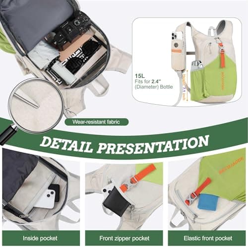 BECOJADDE 15L Hiking Backpack for Men Women Foldable Small Rucksack Lightweight Mini Backpack for Camping Travel Outdoor, Beige Green — view 3