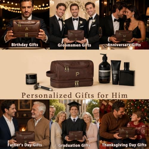 CLOUDWINGS Personalized Toiletry Bag for Men - Custom Gifts for Men Him Dad Husband Boyfriend Groomsmen, Initial PU Leather Travel Shaving Kit Bag, Travel Essentials, Birthday Gifts for Men (P) — view 2