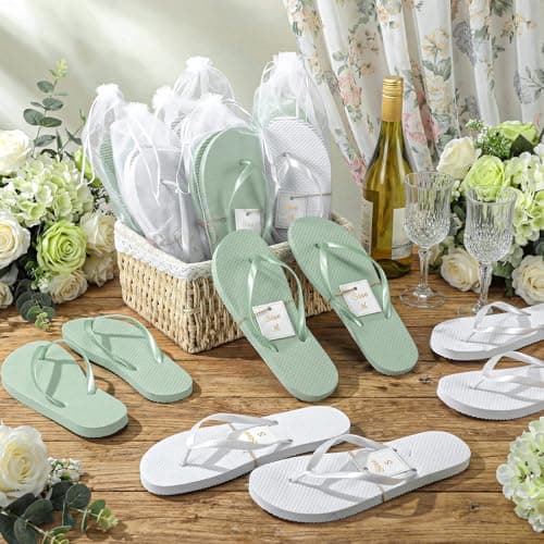 Unittype Flip Flops Bulk for Wedding Guest Slippers Wedding Flip Flops with Cards Bags for Pool Beach Party, White,green, One Size — view 3