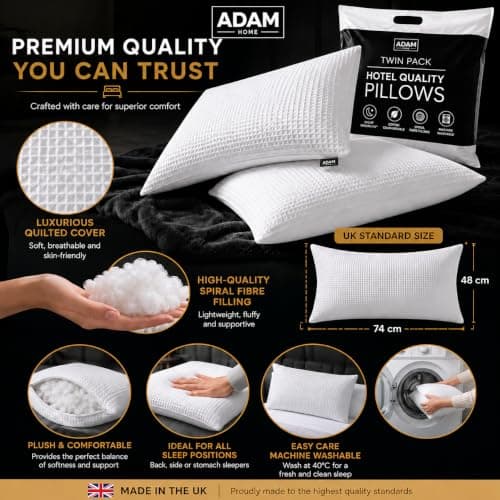Adam Home Premium Pillows 4 Pack Hotel Quality with Breathable Cover – Bouncy Side Sleeper Pillow for Neck and Shoulder Pain – Quick Rebound & Dust Proof Hotel Pillows, Made in UK, (48x74 cm) — view 5