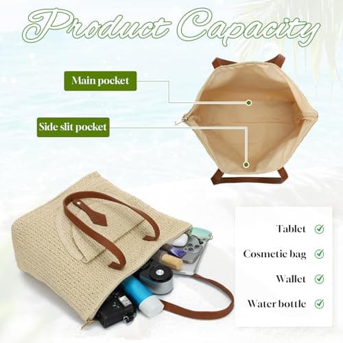 EVEOUT Women Straw Woven Tote Bag Summer Beach Bag Casual Boho Faux Raffia Shoulder Bag with PU Leather Handles for Holiday Travel — view 5