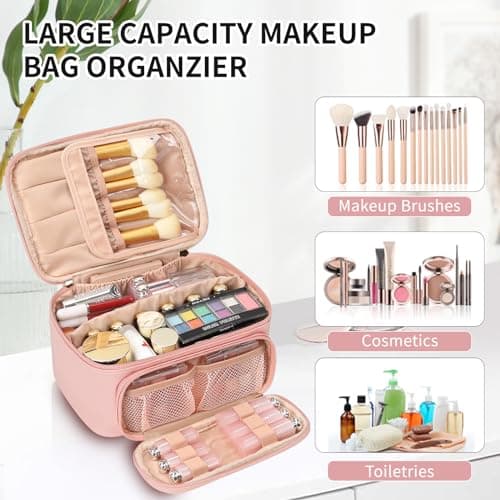 Large Makeup Bag Travel Cosmetic Bag with Makeup Brushes Compartment Pink — view 4