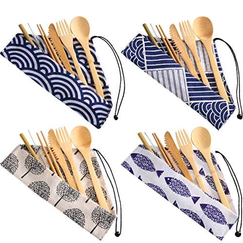 4 Sets Bamboo Travel Utensils Set, Reusable Bamboo Utensil Fork Knife Spoon Chopsticks Straw Cleaning Brush for Travel Picnic Office School (Pattern 2)