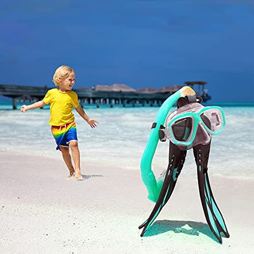 Kids Mask Snorkeling Set with Fins Anti Leak Snorkeling Gear for Kids with Adjustable Flippers, Youth Junior Full Dry Snorkel Set Swimming Goggles with Nose Cover Diving Mask Scuba with Bag, 5-14 Yrs — view 5