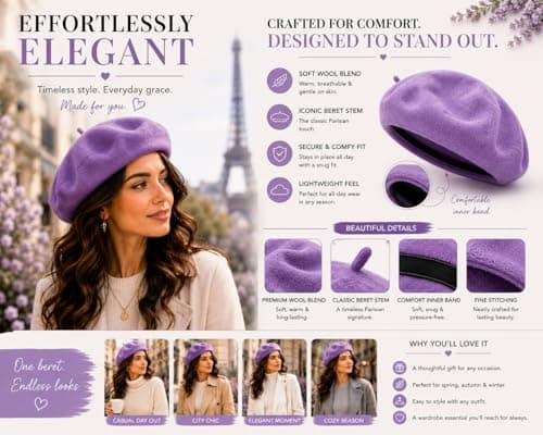 ITRAT Women's Beret Hat – Classic French Style Beret for Women, Soft Warm Wool Blend Ladies Fashion Hat, Elegant Parisian Winter Autumn Cap for Casual, Travel & Everyday Wear (Purple) — view 6