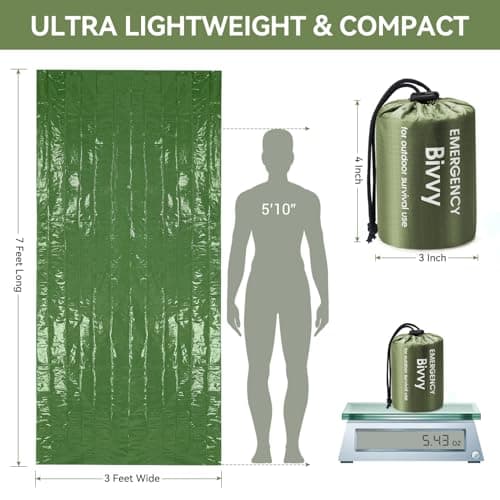 Esky Emergency Sleeping Bag, 2 Pack Survival Bag Portable Thermal Bivy Sack, Waterproof Lightweight Emergency Blanket Survival Gear with Compass for Camping Hiking Outdoor Adventure (Green) — view 5