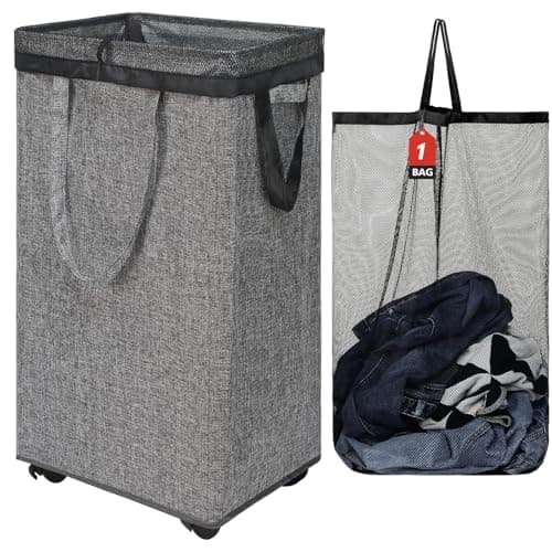 DOKEHOM 90L X-Large Rolling Laundry Basket Hamper on Wheels, Grey