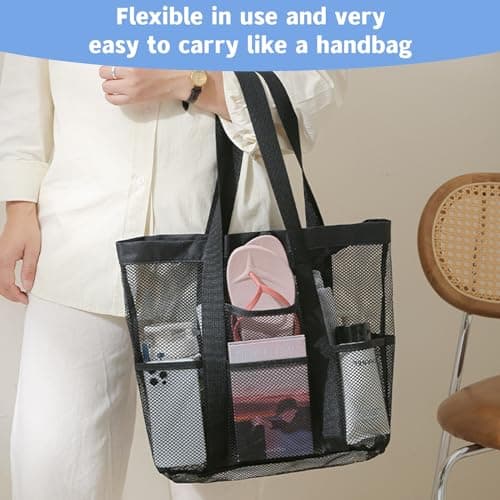 KUAOOAUK Large Mesh Tote Bag with 9 Pockets, Black Waterproof Beach Bag — view 5