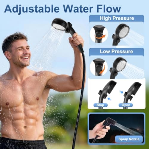 Portable Shower for Camping, Rechargeable Camp Shower Pump (6000mAh-IPX7 Waterproof) with Shower Head, Spray Nozzle 6.7ft Hose & Hook, Outdoor Camping Shower Gear for Travel, RV, Pet Bath, Car Washing — view 4