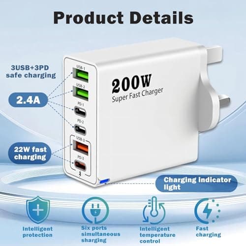 200W USB C Charging Station with 6 Ports, Multi USB Charger with PD — view 2