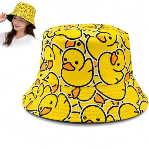 WHJYCC Rubber Duck Print Reversible Bucket Hat UPF50+ Sun Protection - Wide Brim Foldable Summer Hat, Lightweight Breathable Cotton Blend Fisherman for Women and Men, Beach Travel Festival