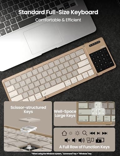 Nillkin Foldable Bluetooth Keyboard Folding with Touchpad & Number Pad, Portable Wireless Full Size Travel Keyboard with Trackpad for PC Laptop iPad Tablets Smartphone, Silicone Leather Cover, Khaki — view 2