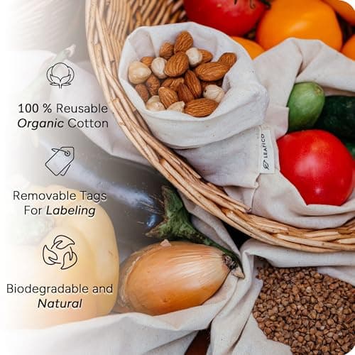 Leafico Organic Cotton Produce Bags - Medium 20x25 cm (12 Pack) - Reusable Muslin Storage Bags with Drawstrings – Biodegradable Canvas Fabric - Perfect for Snacks, Clothes — view 5