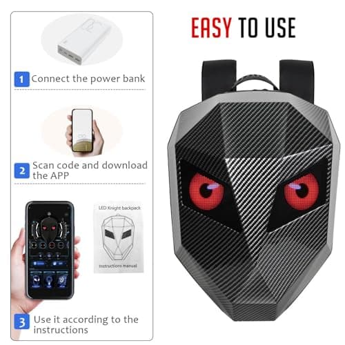Nurnesy LED Backpack Large Capacity, Programmable Waterproof Carbon Fiber Textured Digital Backpack for Travel Motorcycle with USB Port for Power Bank, App Controlled, DOT Screen — view 3