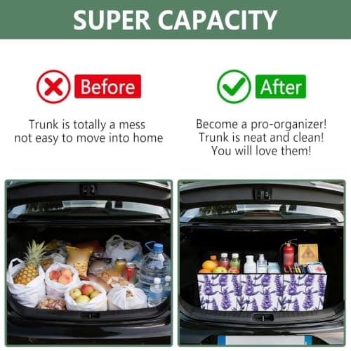 Car Trunk Organizer Grocery Bags Reusable Lavender Floral White Design Large Tote Bags Are Foldable with Long handles for Picnic Outings, Holiday Travel, 1 Pack — view 5