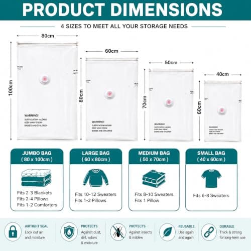 Vacuum Storage Bags 12 Pack with Mini Sealer Space Saver Compression Bags for Clothes, Duvets, Bedding & Travel Airtight Waterproof Vacuum Seal Bags (3 Jumbo, 3 Large, 3 Medium, 3 Small) — view 2