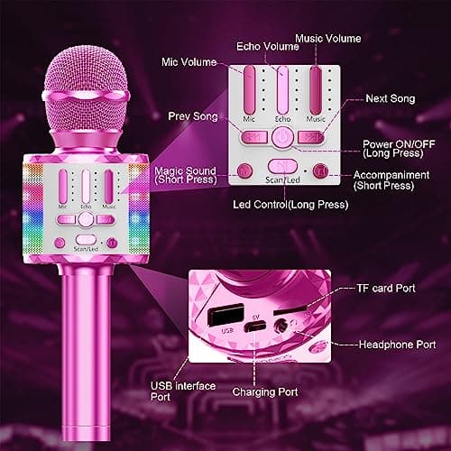 Wireless Microphone with Lights, Karaoke Bluetooth Microphone for Kids Adults, Portable Toy Karaoke Mic Speaker Machine, Home KTV Player Support Phone/Pad/TV for Party Singing, Boys Girls Best Gifts — view 2