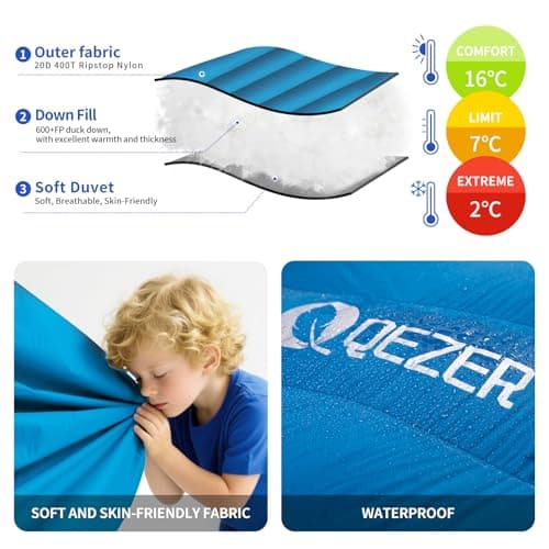 QEZER Ultralight Sleeping Bag for Adults,only 780g Backpacking Sleeping Bag Filled 600+FP Duck Down 5°C 15°C for Camping,and Hiking,Warehouse Outdoor — view 3