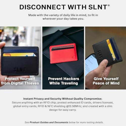 SLNT Napa Top Grain Leather RFID & NFC Signal Blocking Simple Card Wallet - Contains 4 Credit Card Slots and 1 Center Pocket - Clean, Sleek, Stylish Design - Slim and Lightweight Profile (Black) — view 5
